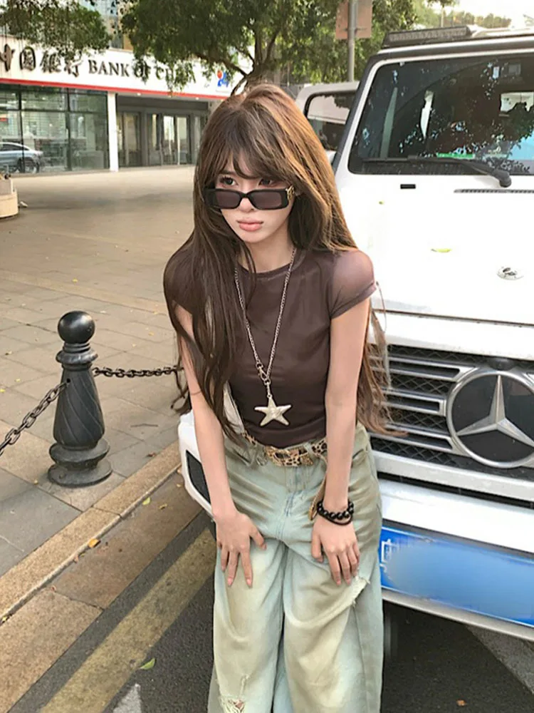 2025 Women Summer high waisted ripped jeans two-piece set tie dye distressed unique design sense trendy wide leg pants