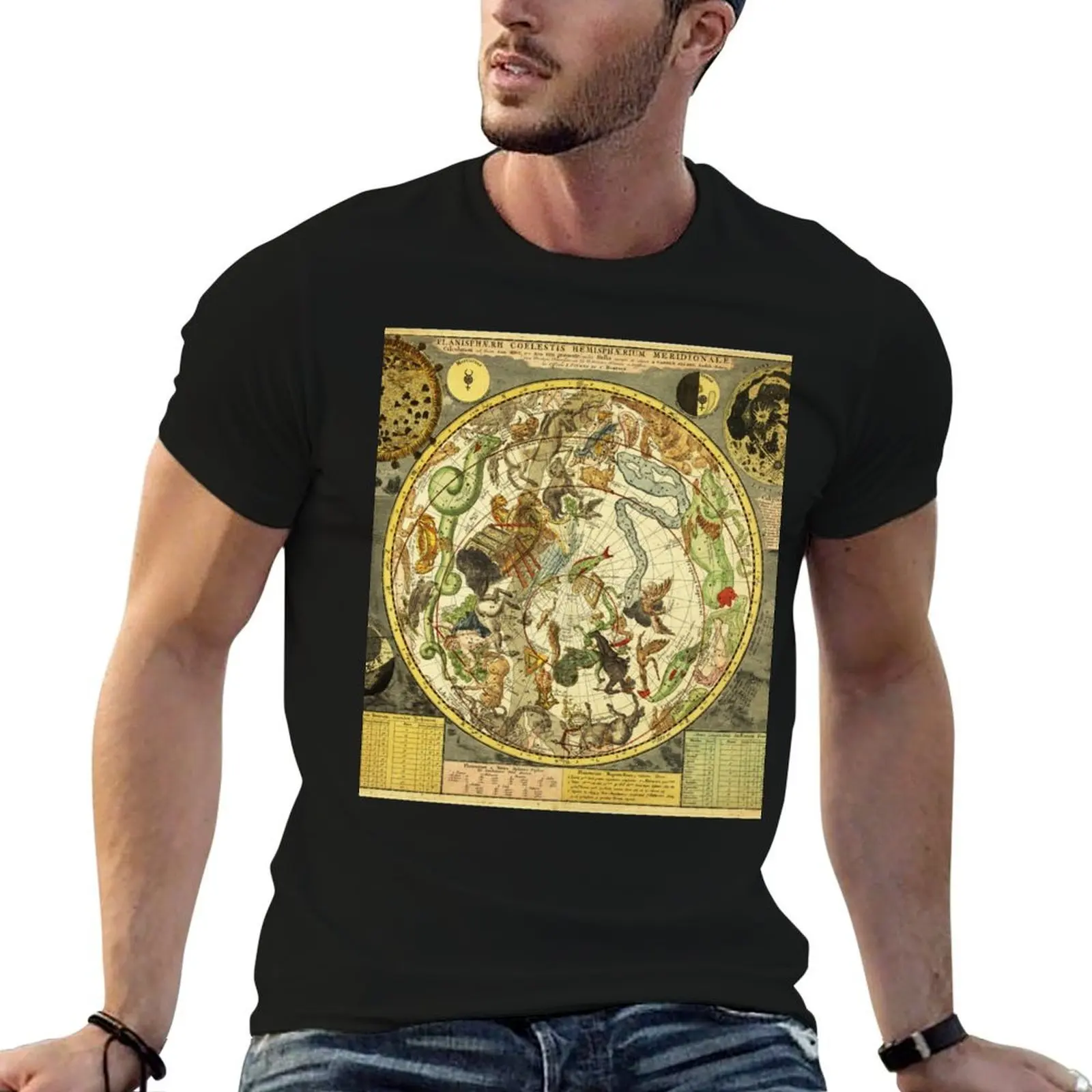 Camiseta con mapa de estrellas del cielo sureño 1722, mapas de astrología antiguos, camiseta esencial para hombre, camiseta de algodón de alta calidad