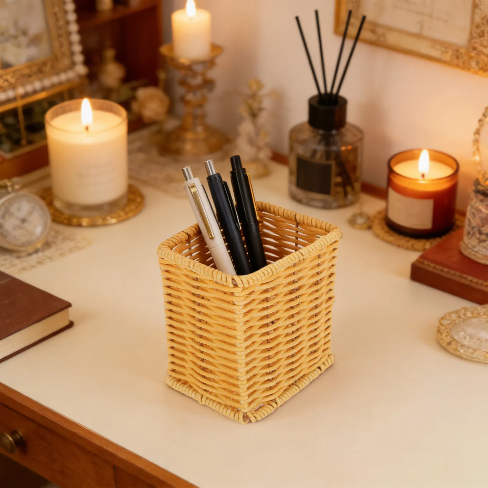 Imitation Rattan Pen Holder Square Desktop Organizer Decorative Pencil Container Makeup Brush Storage Office Kitchen Utensil