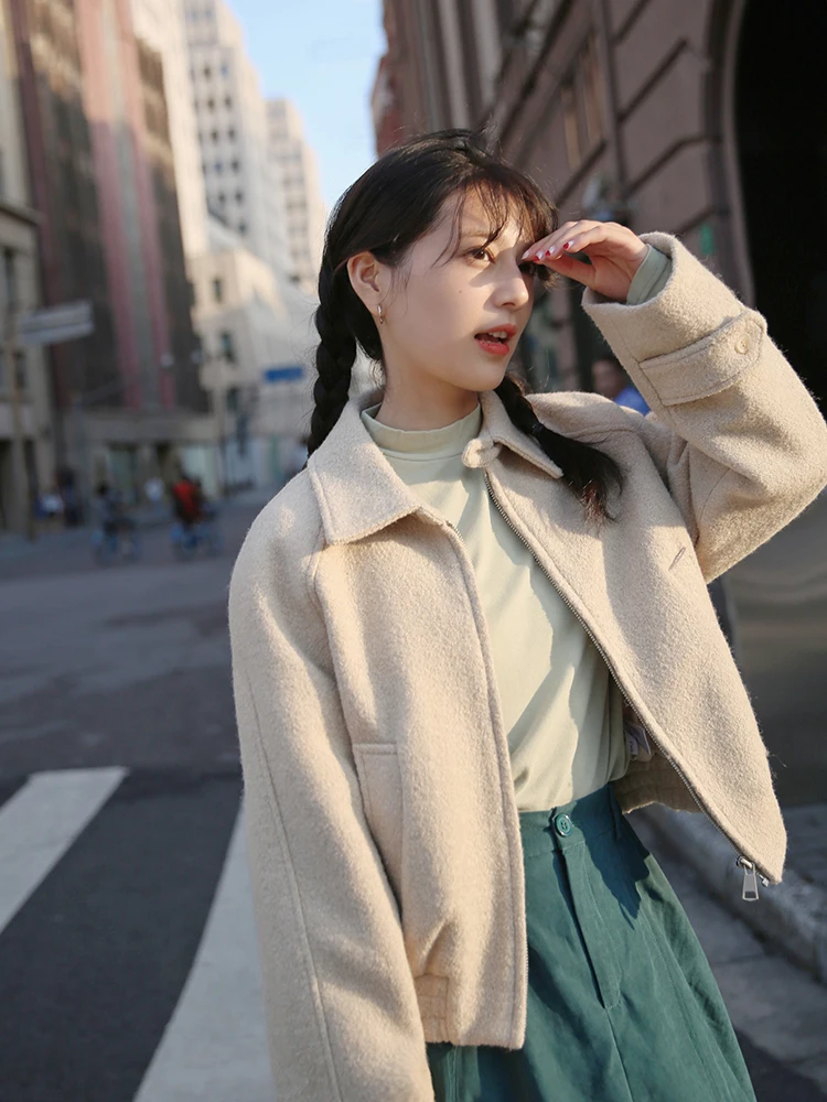 

Пушистое шерстяное пальто Oaeal с воротником на молнии, женская верхняя одежда B533, осень-зима, размер или Sweet Sle, чистый цвет