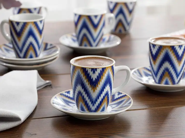 LaModaHome Espresso Coffee Cups with Saucers Eva Porcelain 12 Pieces Coffee Cup 100ml Blue Turkish Arabic Greek Coffee Cup