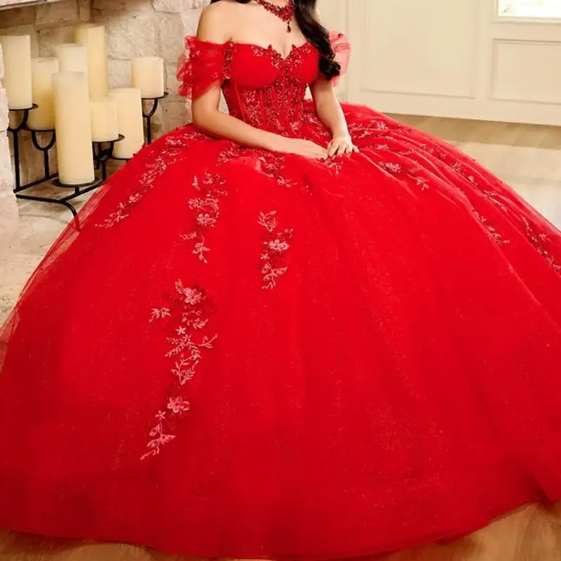 Customized Vestido De xv Anos Off  Shoulder Flower Applique Corset Ball Gown Long Sleeve Prom Birthday Party Dress Quinceanera