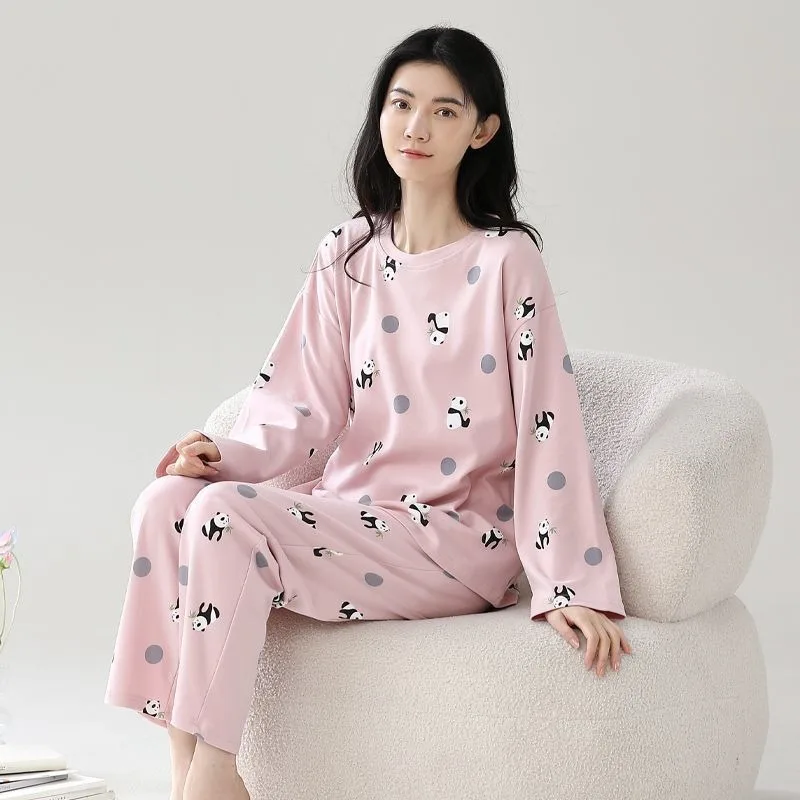 Puur Katoenen Pyjama 2024 Nieuwe Lente Herfst Nachtkleding Lange Mouwen Pullover Casual Loungewear Eenvoudige Huiskleding Set