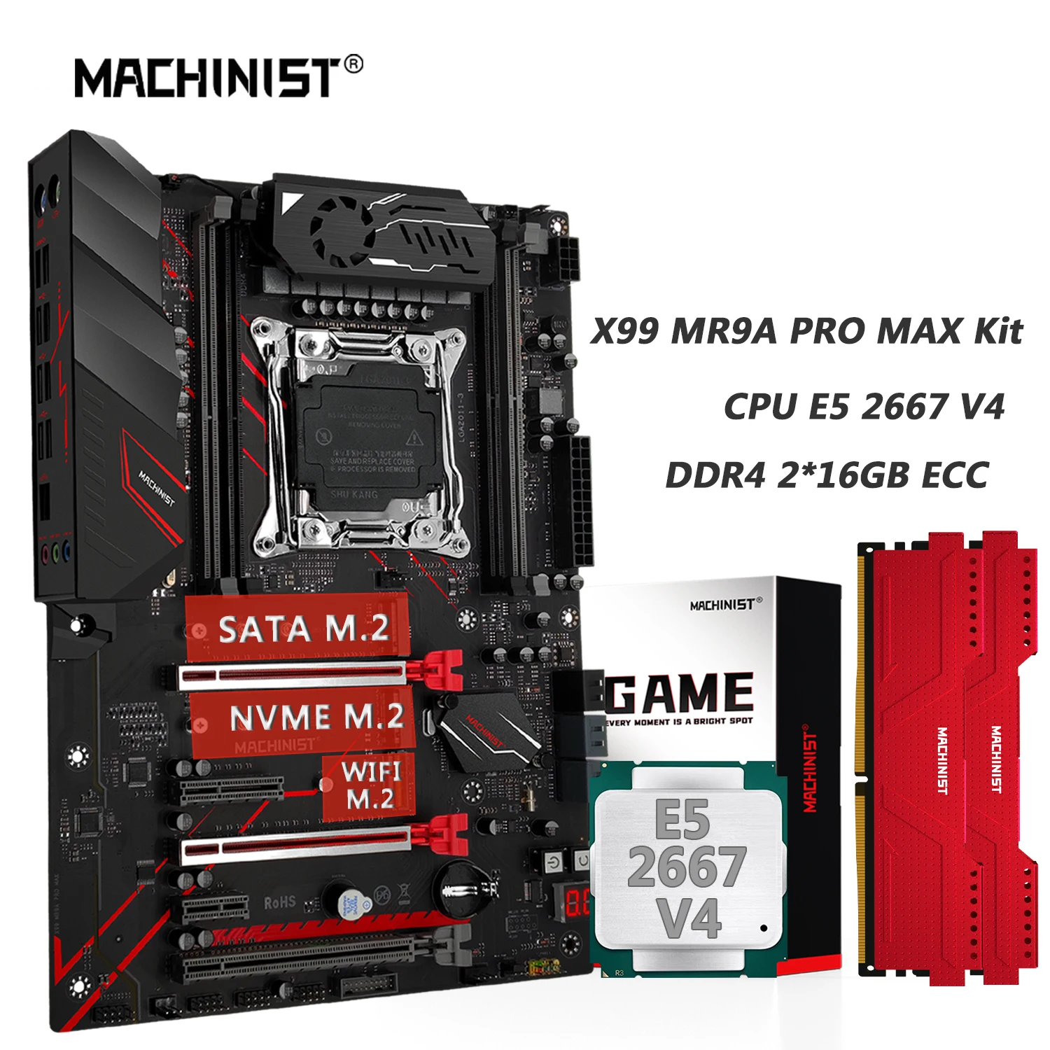 MACHINIST MR9A Pro MAX X99 Motherboard Combo LGA 2011-3 Xeon E5 2667 V4 Kit CPU DDR4 RAM 2pcs*16g= 32GB Memory NVME M.2 USB 3.0