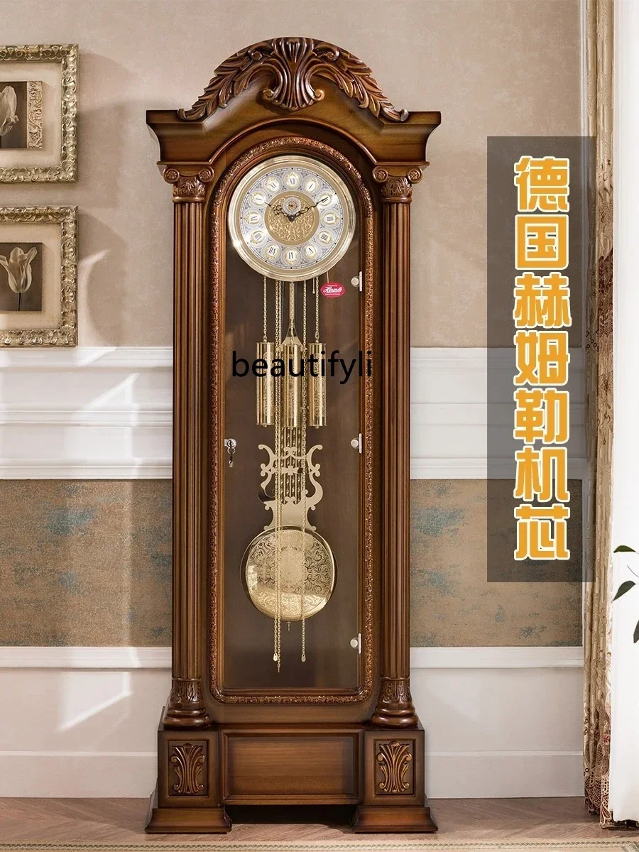 German Hermle Movement European the Grandfather Clock Mechanical Living Room Clock Solid Wood Carved Classical Copper Bell