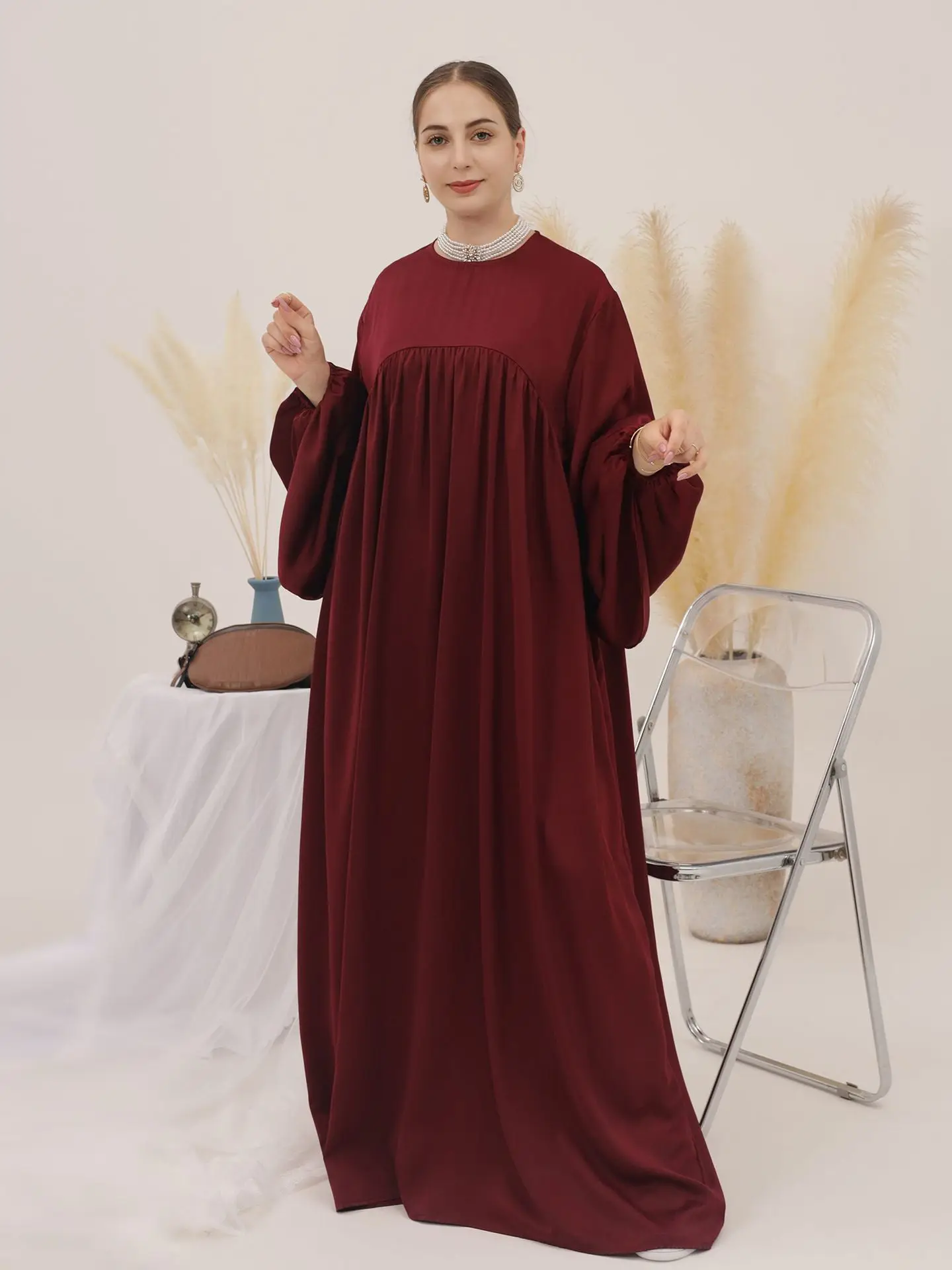 Fashion Djellaba Muslim Dress Dubai Full Length Elastic Cuff Sleeve Soft Abaya Dubai Turkey Muslim Islam Robe With Pocket WY1522