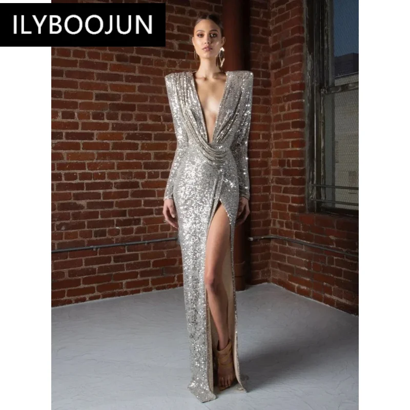 

Sexy Deep V Neck Long Sleeve Shiny Sequins Folds Long Dress Women Sliver Gray Draped Split Slim Dresses Eveing Party Club Gowns