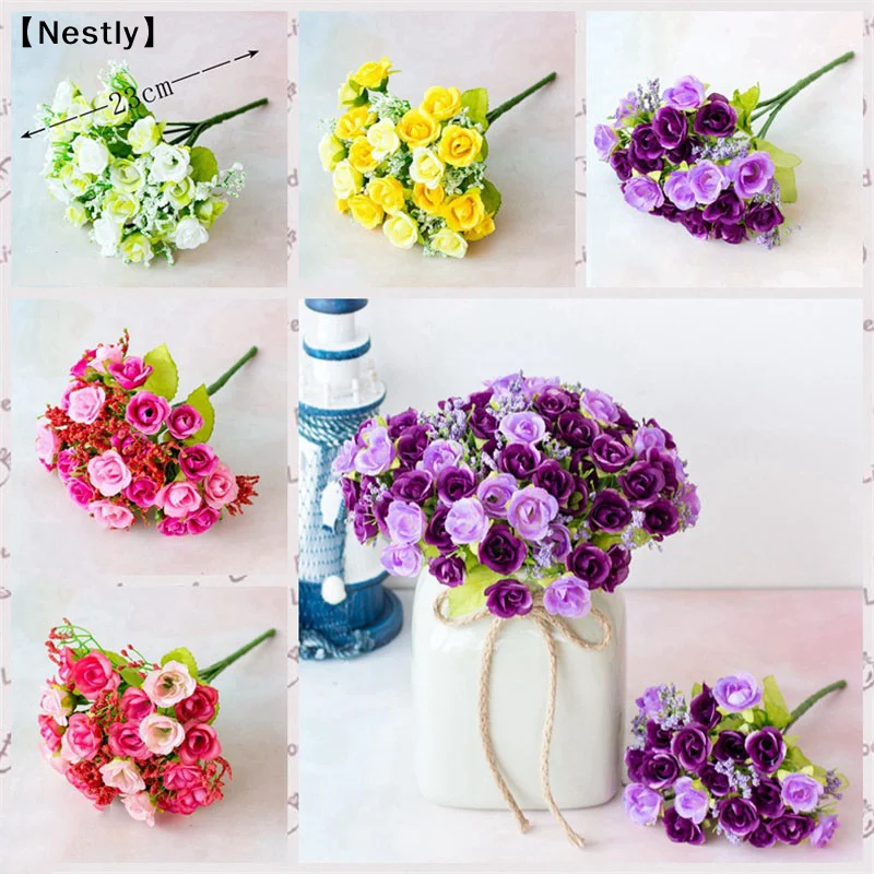 21 Rosas Artificiales de Plástico con 7 Ramas, Pequeñas Rosas de Primavera para Decoración de Bodas, Capullos de Flores Artificiales [Nido]