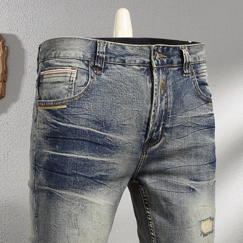 Retro Make Old Ripped Patch Stretch Slim Jeans Men's Trendy High Street Pencil Pants Trousers Nostalgic Men's Clothing