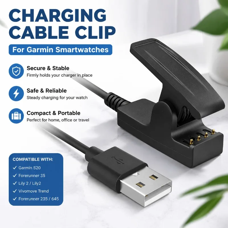 Clip-on Watch Charger Cable USB Power Cord Compatible with Garmin S20 Forerunner35 Lily2 Smart Wristwatch Stable Safe Current