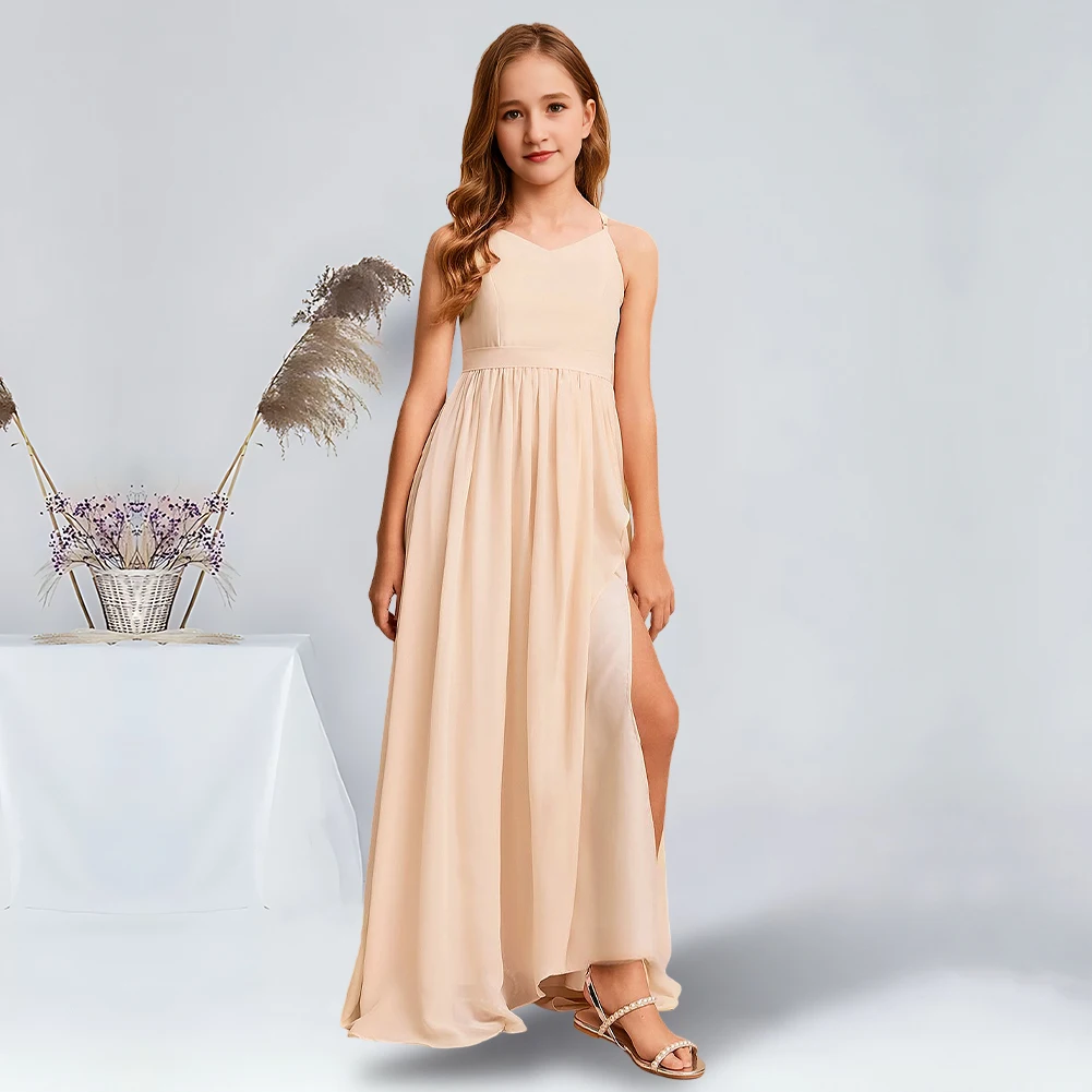 

Elegant A-Line V-Neck Floor-Length Chiffon Junior Bridesmaid Dresses Pearl Pink Stunning Flower Girl Dresses Party Wedding Kids