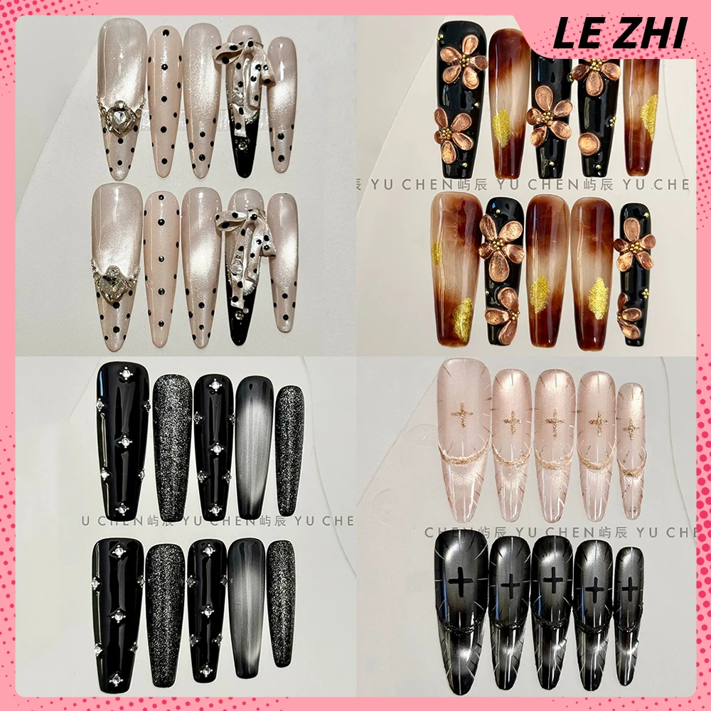 

10Pcs High Quality Handmade Long Coffin Stilettos Wearable Press On Nails Cat Eyes Flowers Diamond French Full Cover Nails Gift