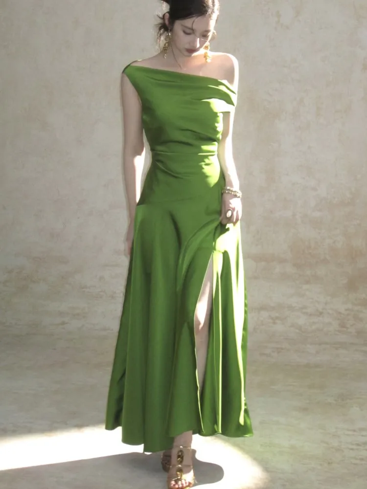 

Elegant Satin Sexy French Bodycon Dress For Woman Summer Swing-Collar Inclined-Shoulder Split Robe Prom Female Clothes New 2025