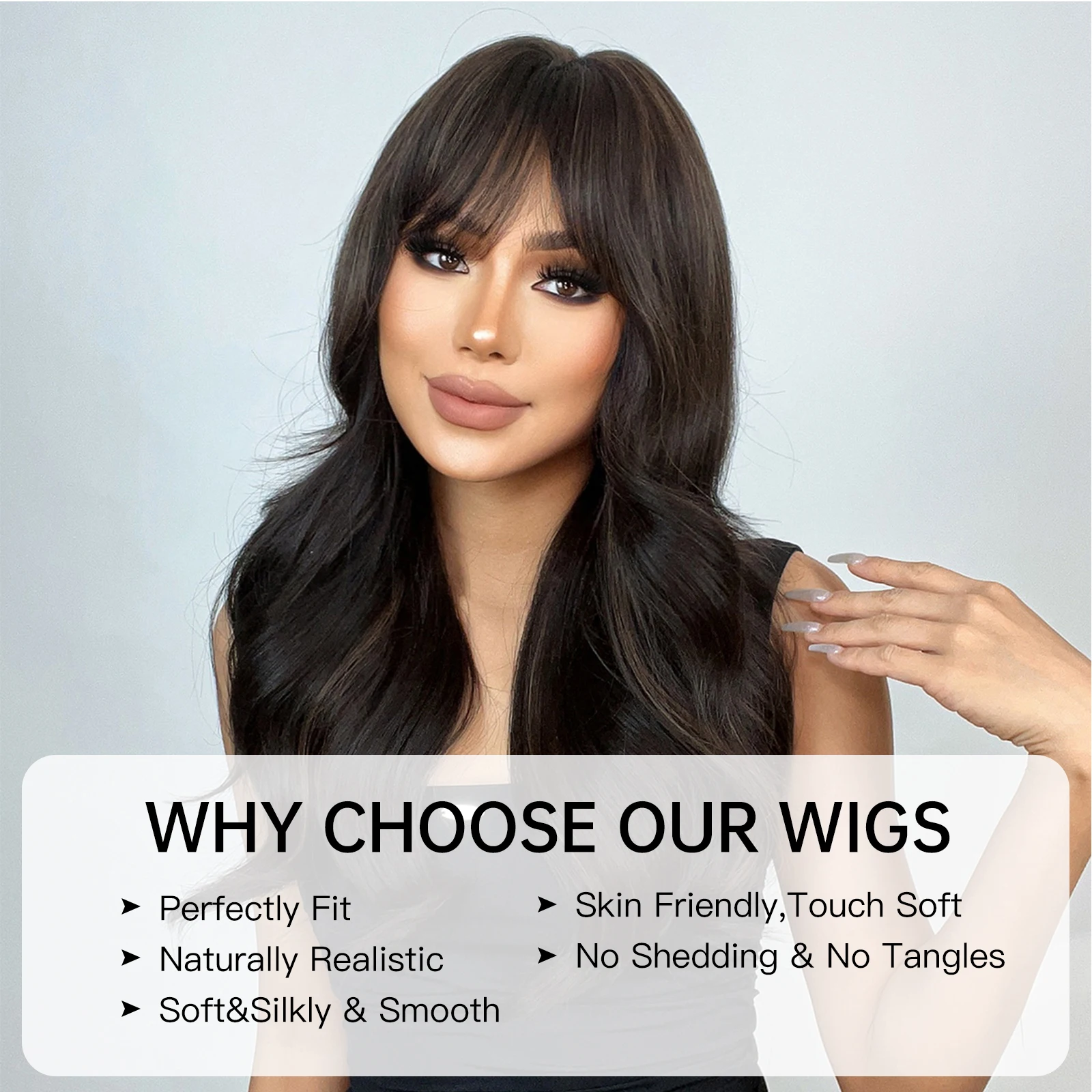 LOUIS FERRE Long Wave Black Brown Highlights Wigs with Bangs for Women Synthetic Wig Natural Daily Party Hair Heat Resistant