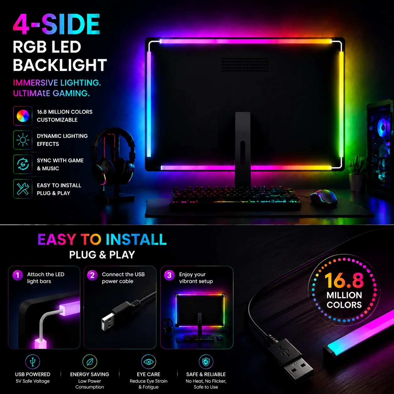WACUAAO 360 °   Iluminação de Monitor PC de 4 Lados - Faixa de LED RGBIC com Sincronização de Tela e Ritmo Musical - Luzes de Jogo Reativas sem Atraso