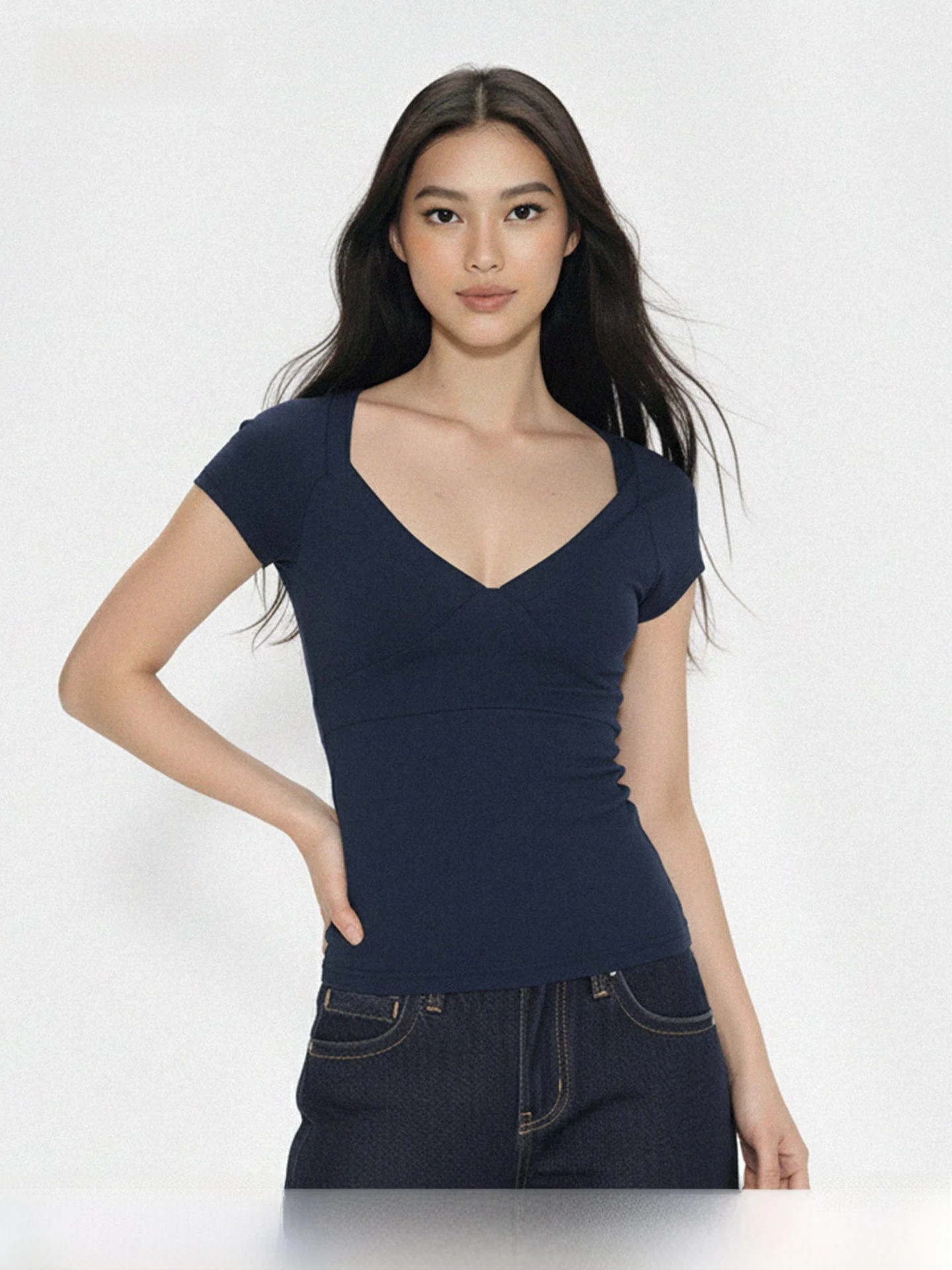 

Женская футболка WAEW в американском ретро-стиле с глубоким V-образным вырезом, эластичная, облегающая, с коротким рукавом, с поясом на талии, утягивающая, из хлопка, для повседневной носки