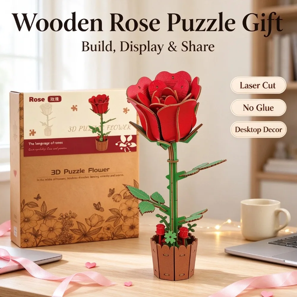 DIY Wooden 3D Flower Puzzle Kit Rose Daisy Lily Wood Flower Model Handmade Desktop Decor Creative Gift For Valentine Birthday