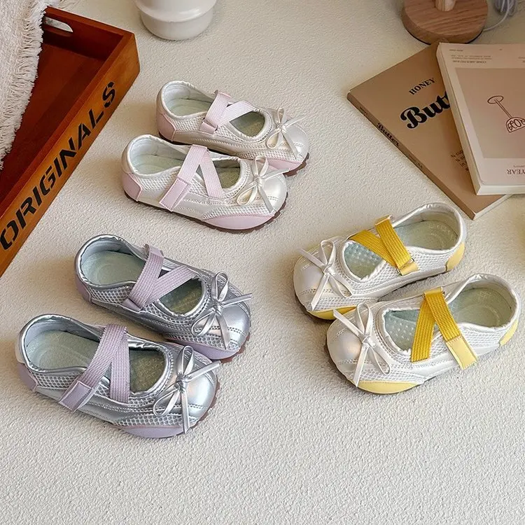 Girls Mesh Mary Jane Sneakers Kids Breathable Mesh & Satin Bow Decor Casual Flats Adjustable Elastic Strap Summer Sandals