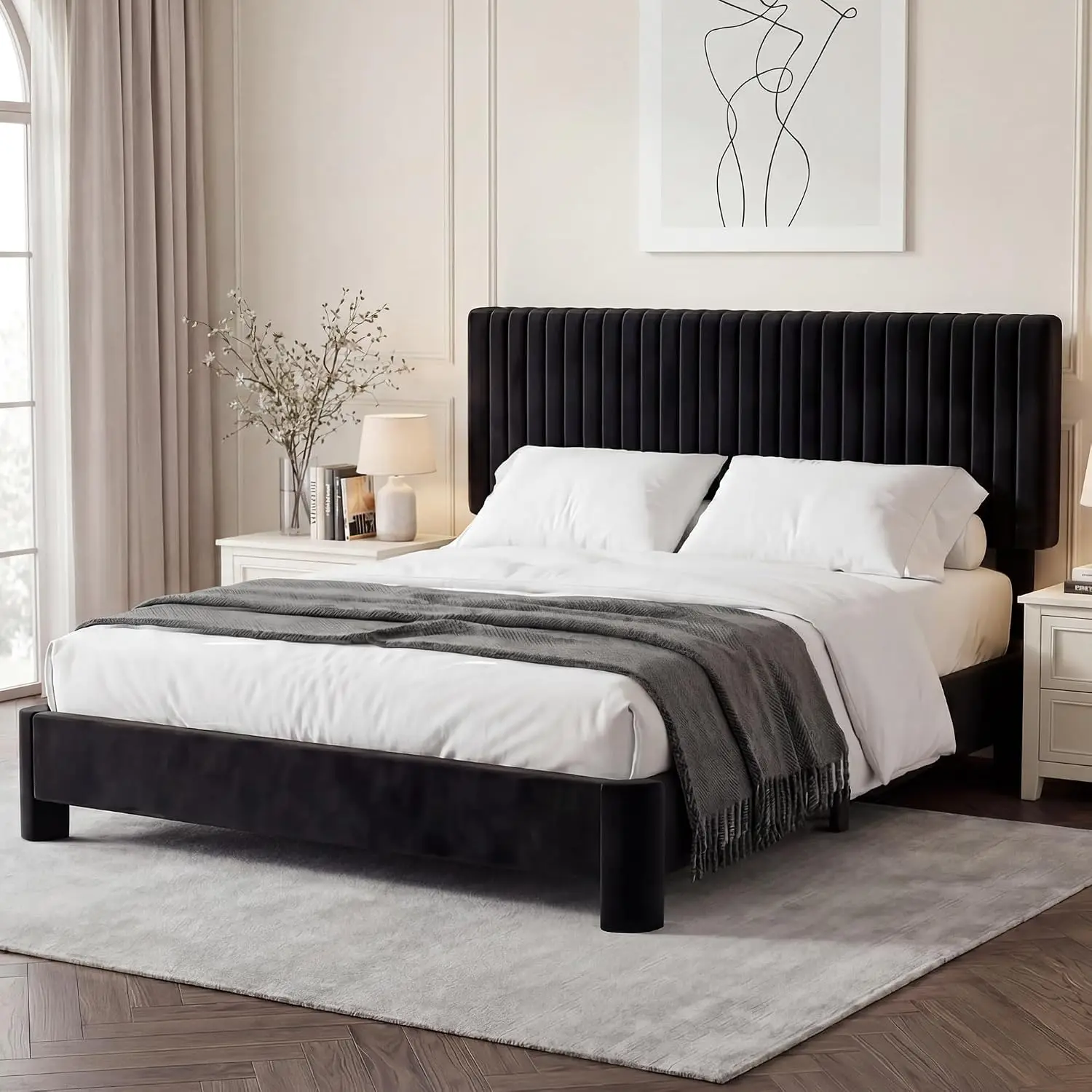 Queen Bed Frame Velvet Upholstered Cloud Headboard Black, Customized