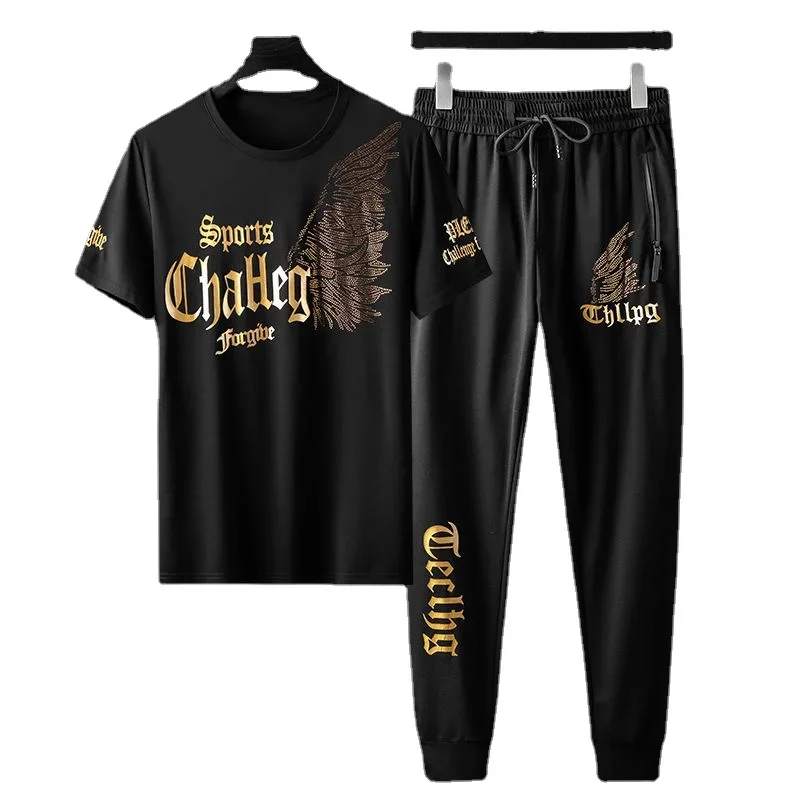 Men's Black Suit, Korean Fashion Flying Wings Pattern Hot Diamond T-shirt and Trousers Two-piece Suit, Men's Jogger Sportswear