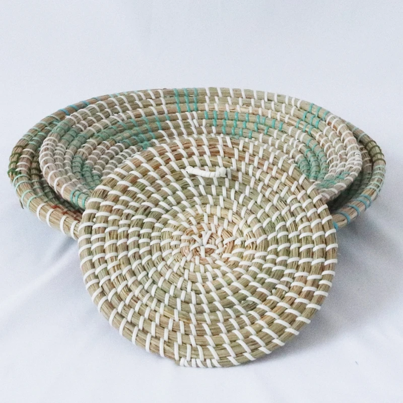 3pc Boho Woven Wall Basket Decor Handmade Seagrass Round Hanging Decorative Tray