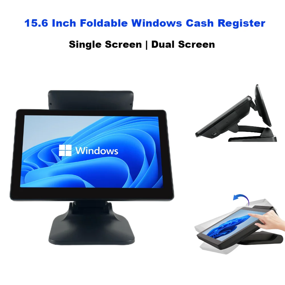 15.6 Inch Windows POS Touch Screen Cash Register With I5 Gen4 8G 128G Foldable Stand Rich Interfaces Monitor Digital LED Display