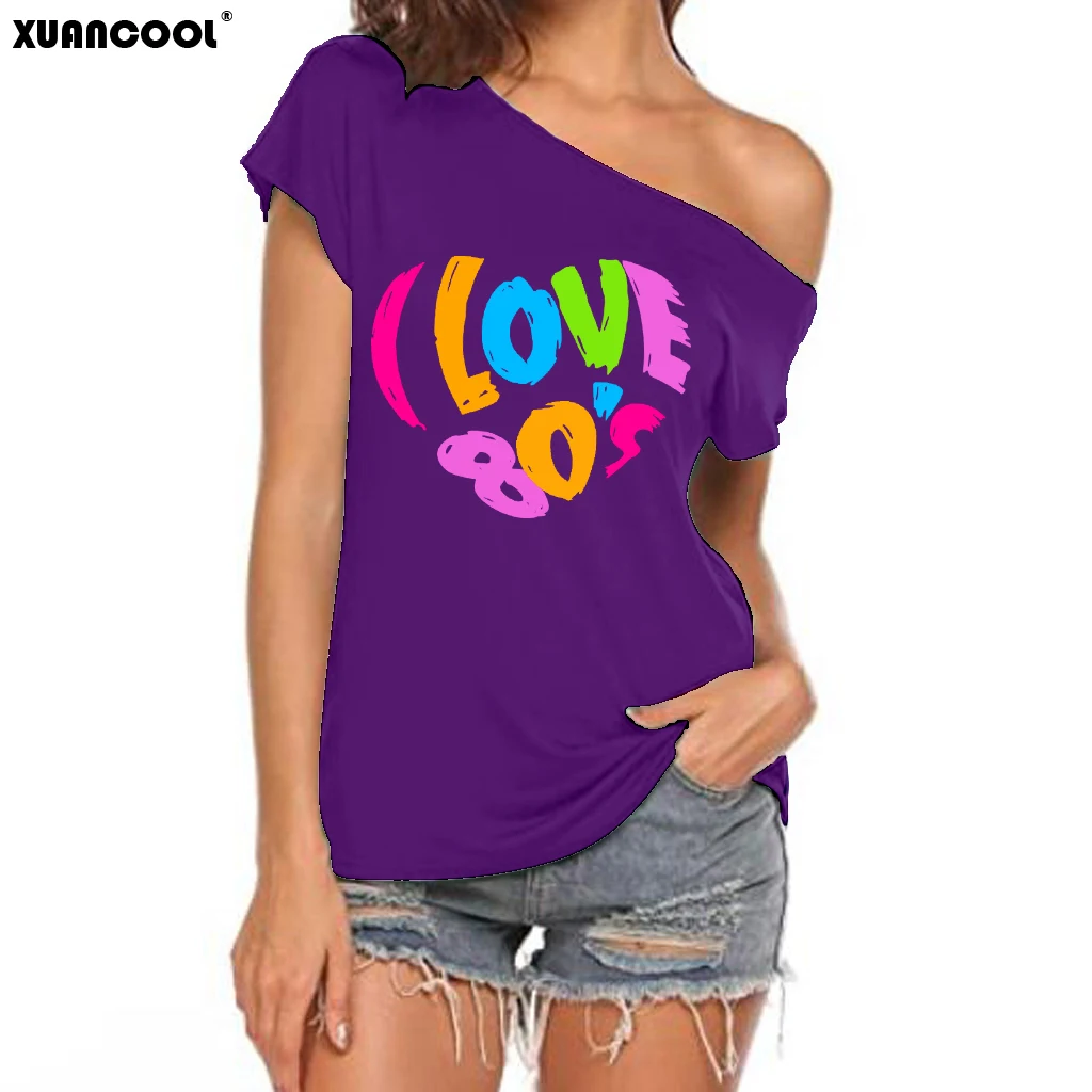 XUANSHOW 2024 Summer I Love 80s Heart Emotional Element T-shirt Sexy Off Shoulder Tops Short Sleeve Letters Printed Tee Shirt