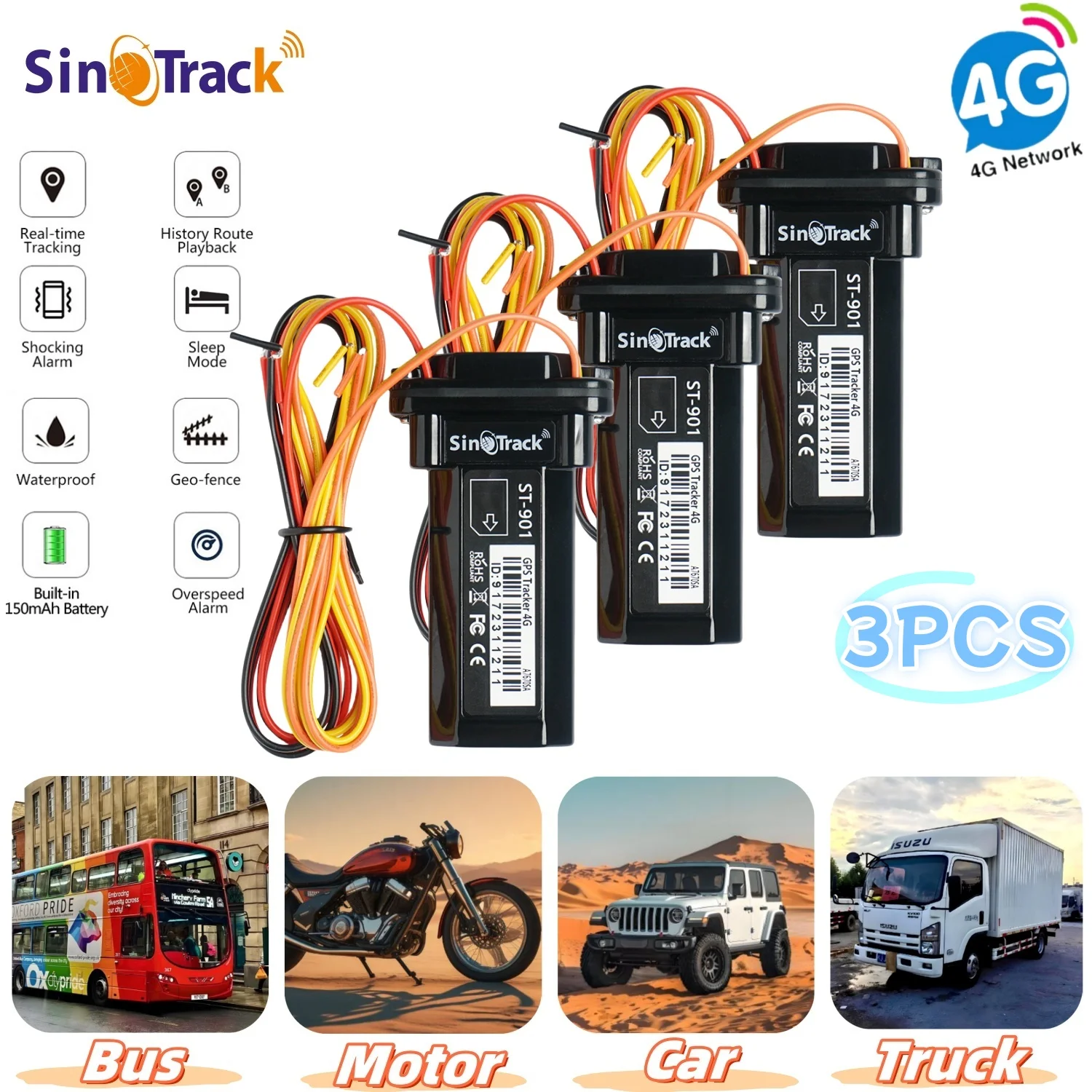 SinoTrack 3 шт. мини-4G трекер ST-901L водонепроницаемый встроенный аккумулятор GPS для внедорожника, грузовика, автобуса, автомобиля, защита от кражи с бесплатным приложением
