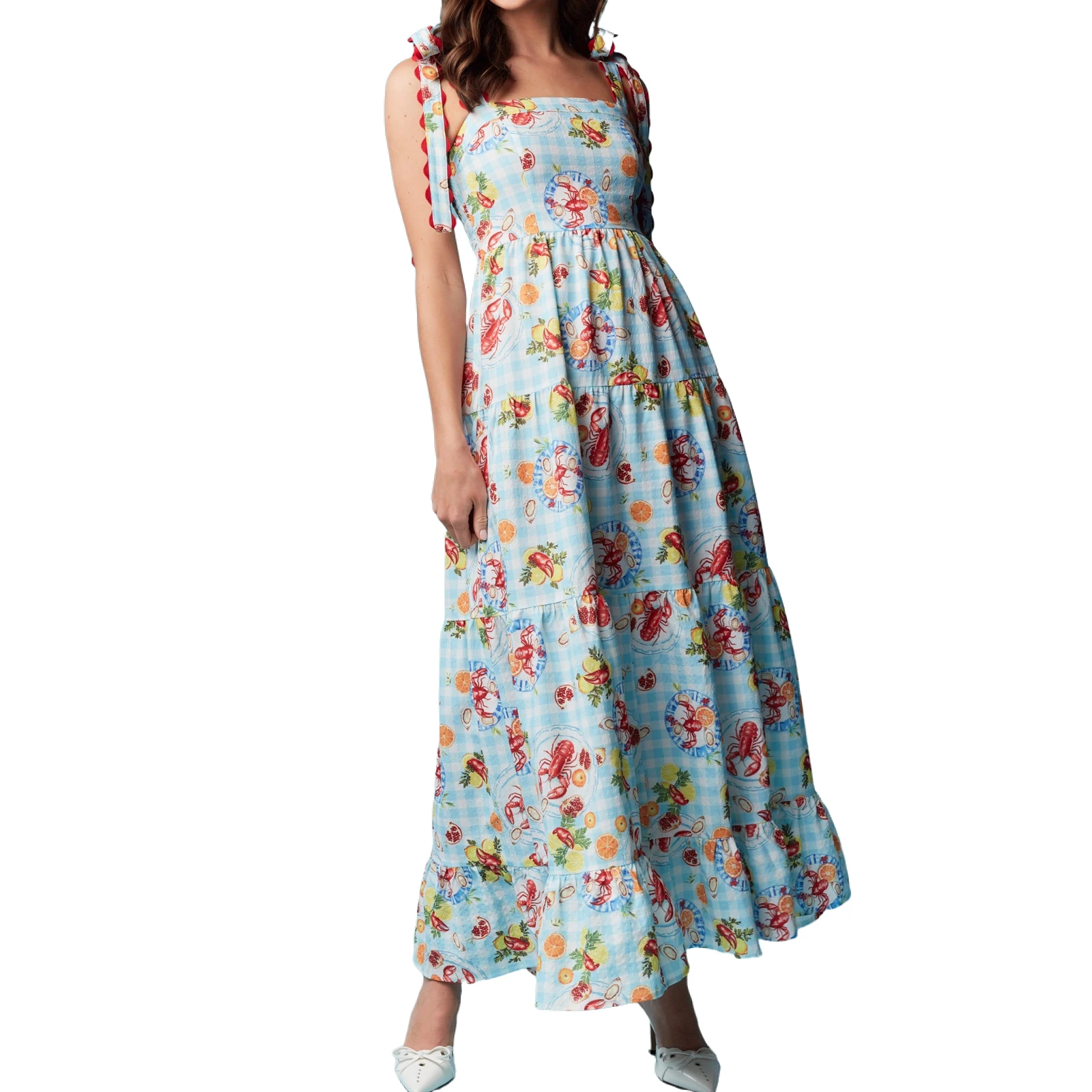 Dames elegante patchwork cartoon print cami-jurk mouwloze spaghettibandjes bodycon lange jurk zomerfeestjurk