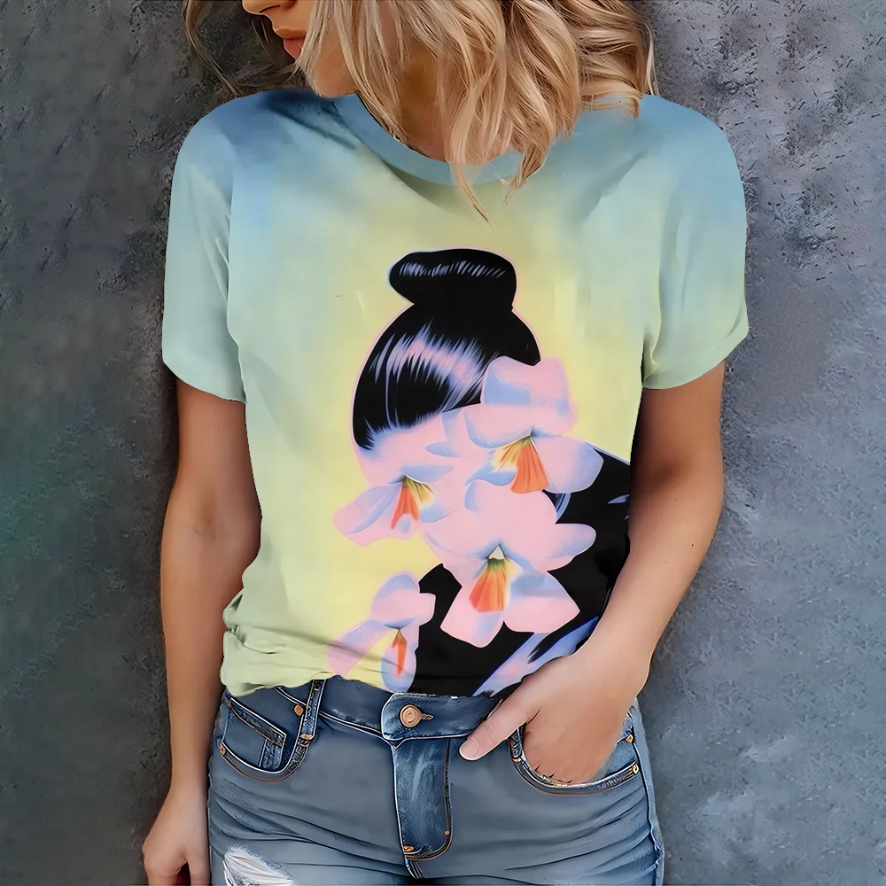 

Women's Light Blue T-Shirt With Bun Hair And Flowers Art Print Casual Summer Style Round Neck Short Sleeve Top For Daily Wear