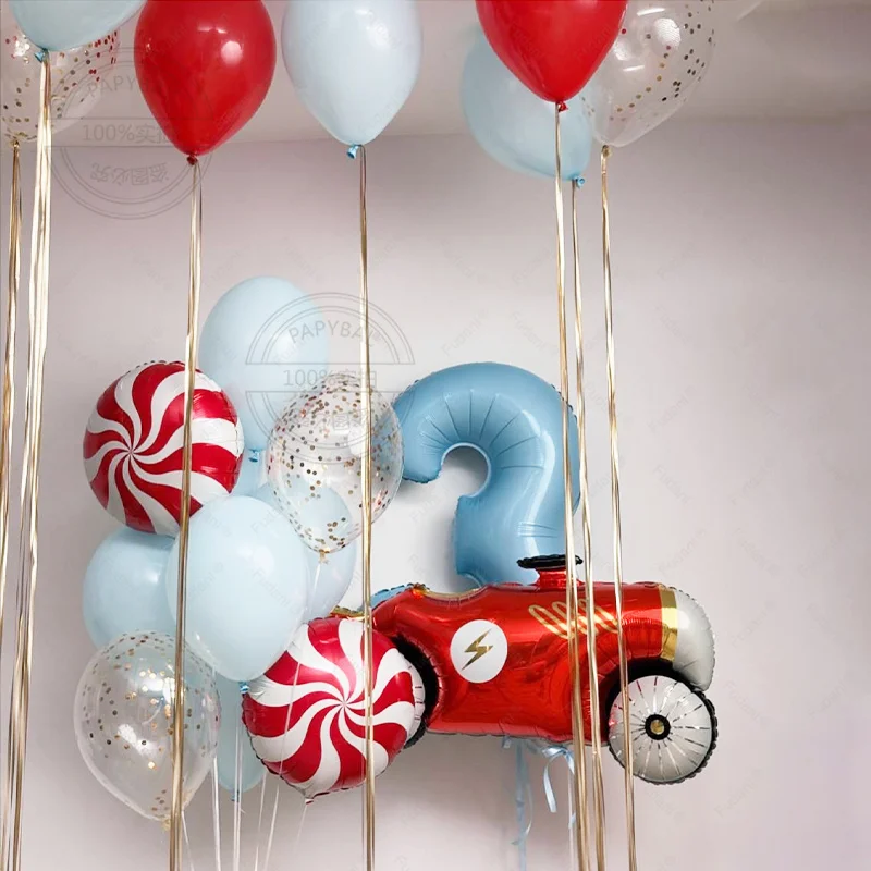 Image of 22-teiliges Rennwagen-Themen-Ballonset mit 32-Zoll-Zahlenfolienballon und blauen Latexballons für Geburtstagsfeiern und Babyparty-Dekorationen