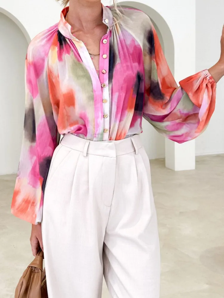 

Рубашка с цветочным принтом для женщин, модные праздничные рубашки в стиле бохо, топы, женские повседневные женские рубашки с отложным воротником и пуговицами с длинными рукавами