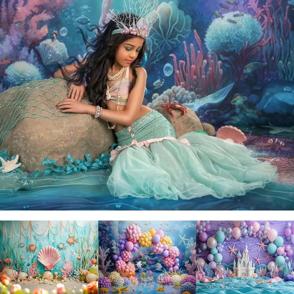 Mermaid Princess Theme Ocean Seabed Shell Balloons Backdrop Birthday Kids Children Party Decoration Photographic Background Prop