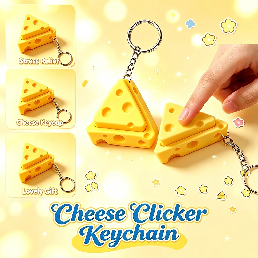 Cute Cheese Fidget Clicker Keychain Decompression Toy ASMR Click Sound Sensory Toy Anxiety Relief Pocket Fidget Keyring Gift Toy