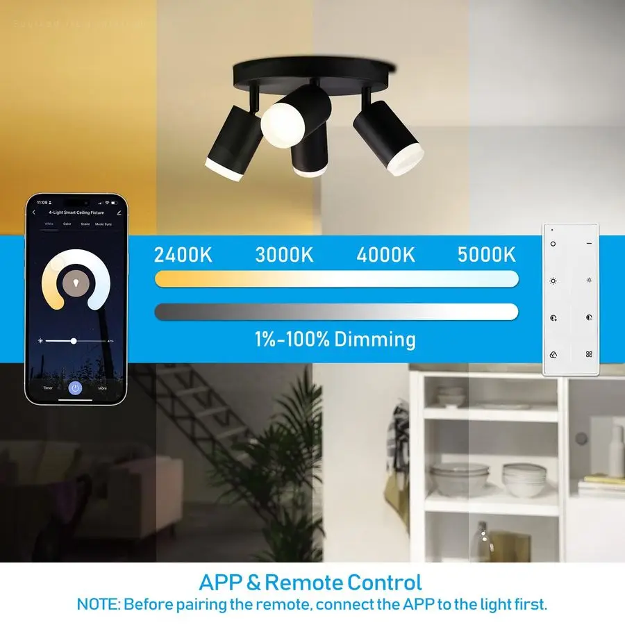 Умный светодиодный потолочный прожектор, потолочные точечные светильники с регулируемой яркостью в помещении, 4 светильника для скрытого монтажа, работа с усилителем Wi-Fi 2,4 ГГц Blueto