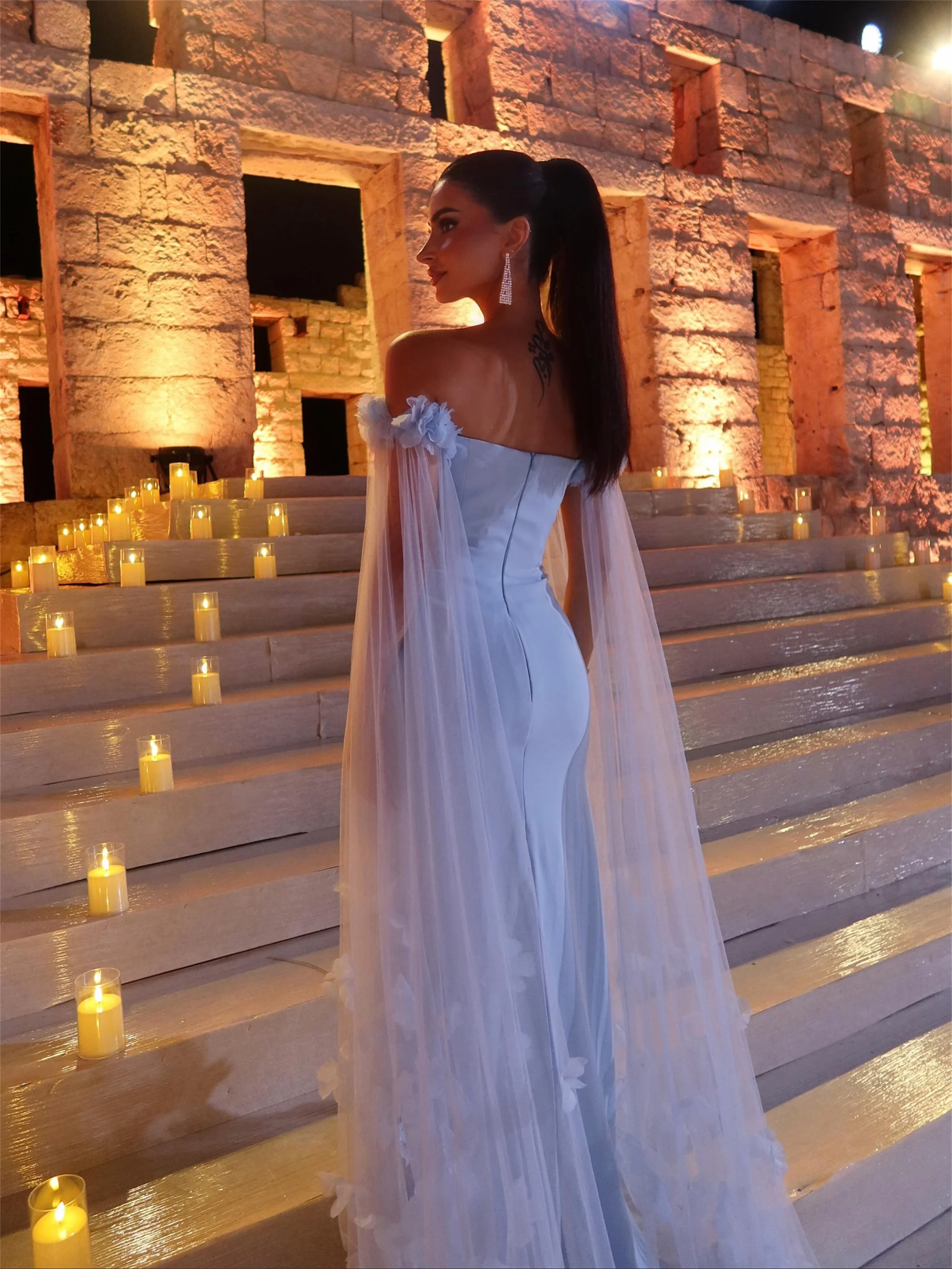 Blauwe Bloem Avondjurken Aangepaste Mode Uit de Schouder Bruiloft Jurk Vrouwen Saudi Arabië Prom Jurk EVON BRIDAL