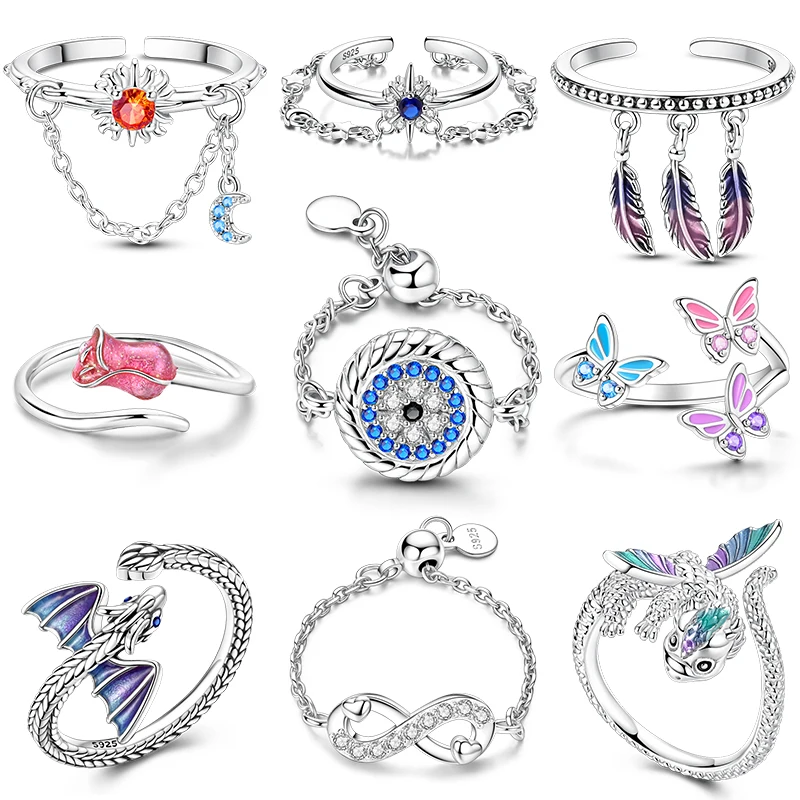 Original 925 Sterling Silver Women Open Rings Tree of Life Clover Cat Claw Open Ring For Party Jewelry Anniversary Birthday Gift