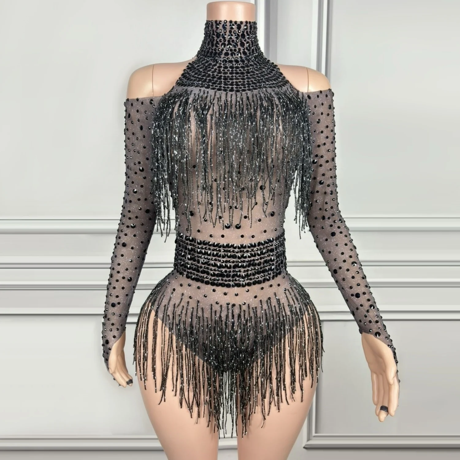 

Sparkly Tassels Black Sexy Off-The-Shoulder Bodysuit Dress Evening Party Performance Costume Bar Nightclub Singer Stage Wear