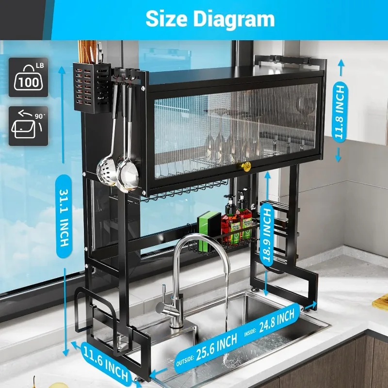 Dish Drying Rack, 25.6 inch, Over The Sink Dish Drying Rack Small for Kitchen Counter Multiple Dishes Flatware&Utensil Organizer