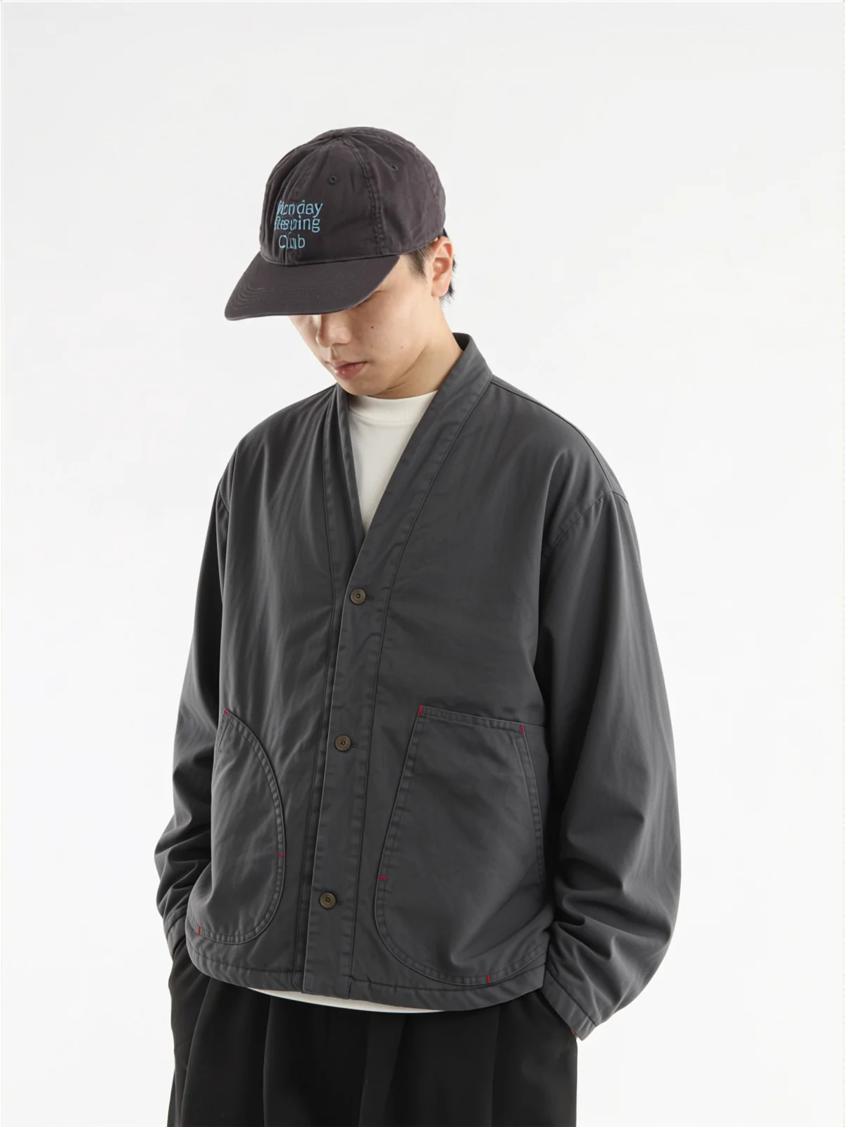 Vintage Washed Denim Cotton Jacket Thickened V-Neck Coat Retro Style Youth Popular Warm Wear Resistant Long Sleeve Zipper Clo...