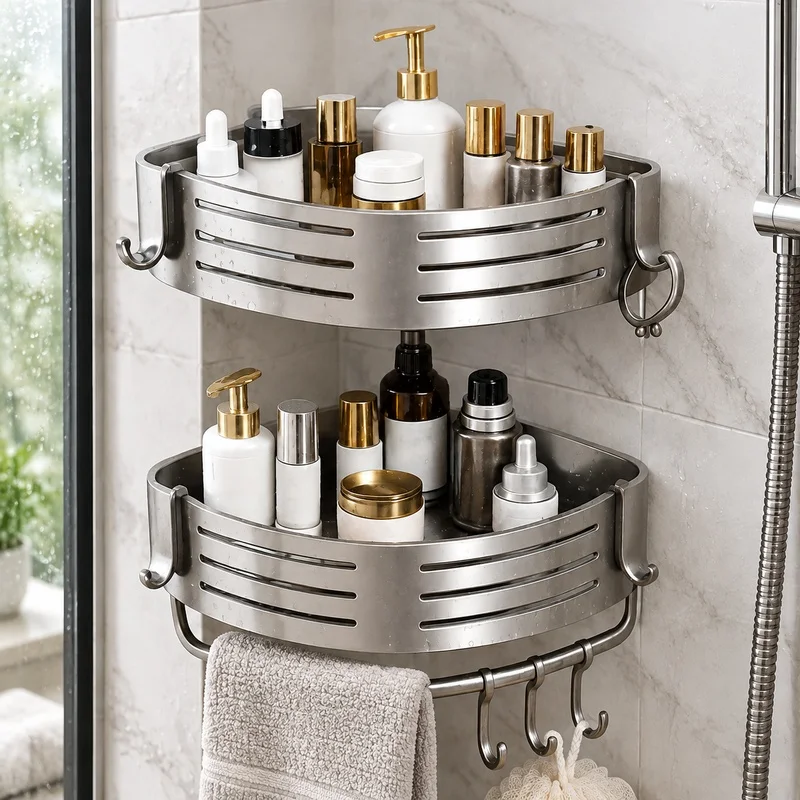 Drill-Free Aluminum Bathroom Corner Shelf with Towel Bar and Plastic Hooks, Available in Sets of 1 to 3