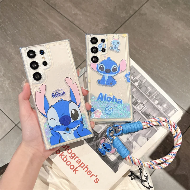 Funny Ghostface Stitch Bling Glitter Quicksand Phone Case For Samsung S21 S22 S23 S24Plus Ultra S23FE Cute Stitch Lanyard