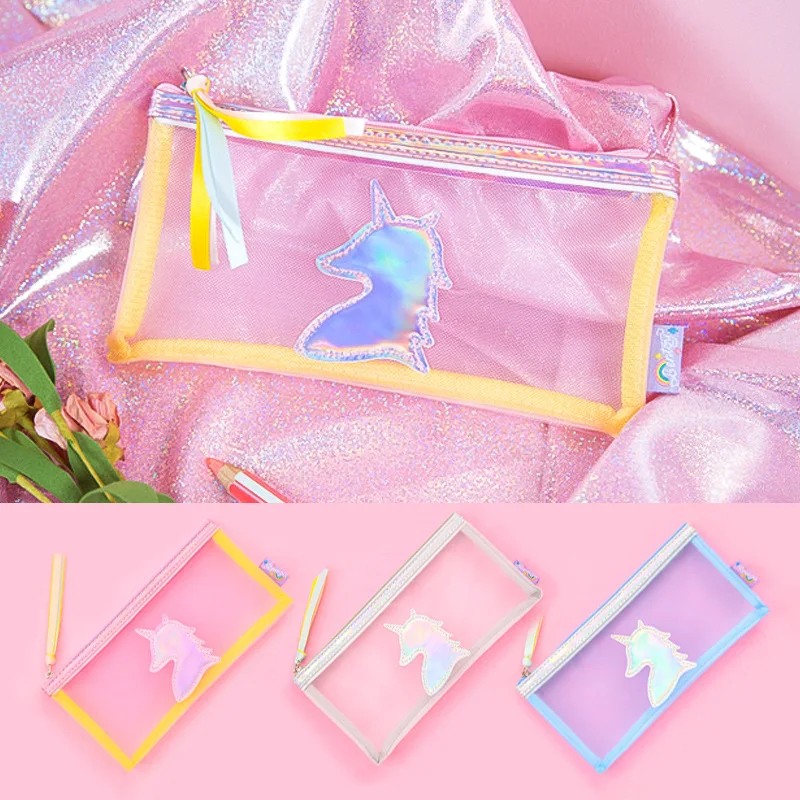 1 Pcs Kawaii laser Pu Pencil Case Unicorn Cartoon Gift Estuches School Pencil Box Makeup Pencil Bag School Supplies Stationery