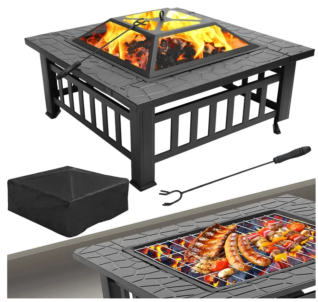 32x32x17Inch Outdoor Metal Wood Burning Square Fire Pit Portable Garden Courtyard Fire Bowl with Spark Screen Log Poker&Cover