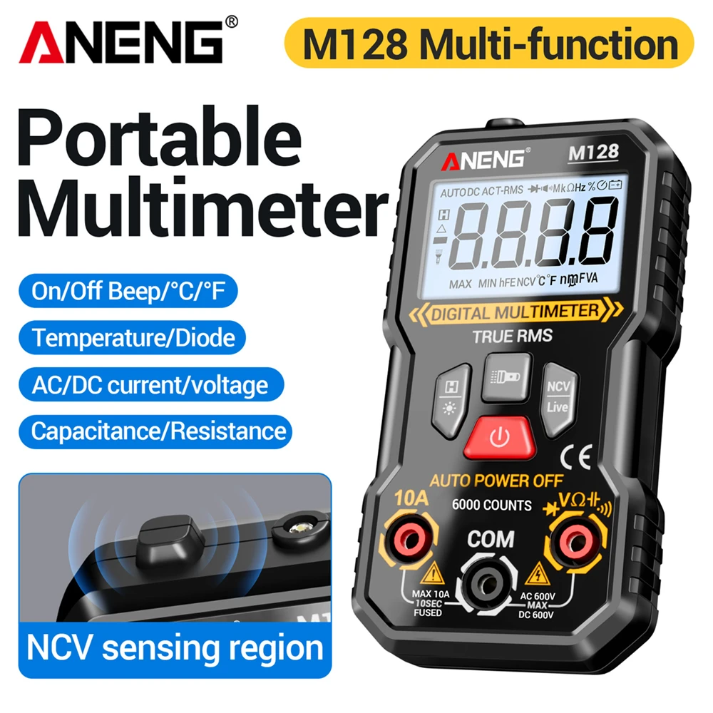 

ANENG M128 Smart Multimeter 6000 Counts AC/DC Voltage Tester Ammeter Non-Contact Induction Ohm Capacitor Diode Detector Tool