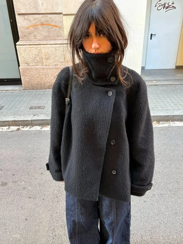Stand Neck Women Woolen Coats Casual Full Sleeve Single Breasted Loose Cropped Coat Lady New Street Fashion Daily Outwear