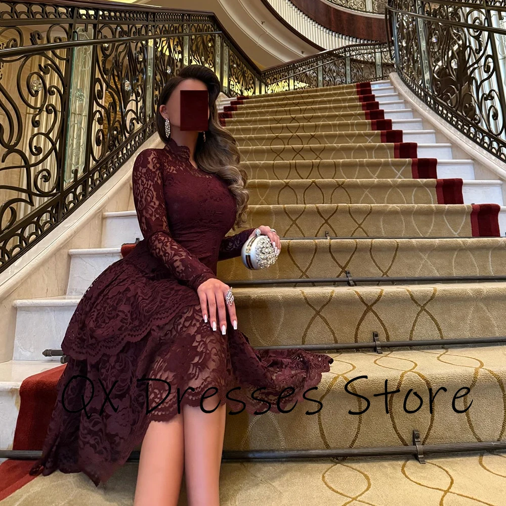 Customized Burgundy O-neck Lace Party Gown ILLUSION Full Sleeves Pleat Tiered Prom Dress Ruffles Knee Length Party Dresses image 6