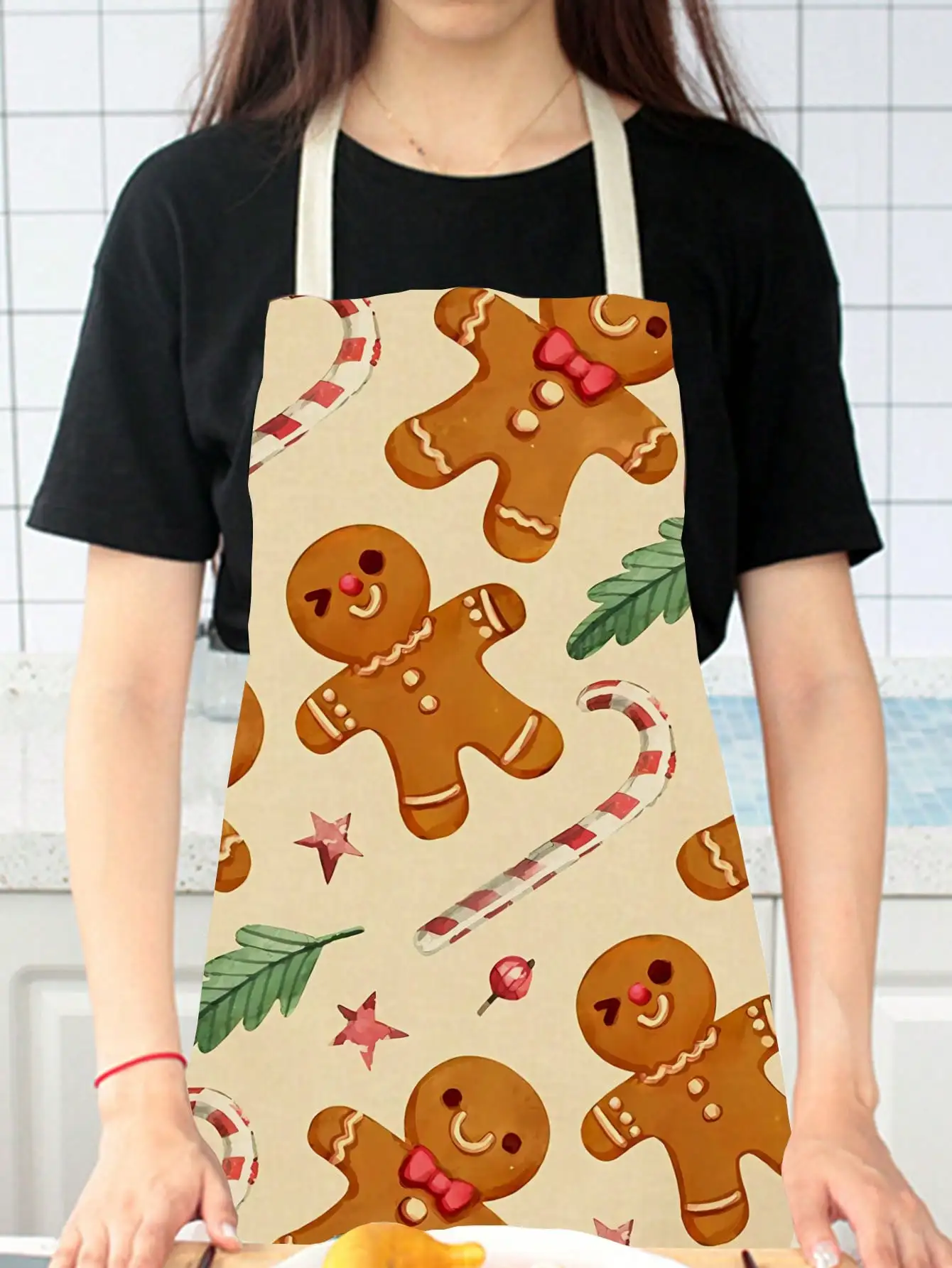 1pc Christmas Tree and Gingerbread Man Bib Merry Christmas Holiday Decoration Linen Sleeveless Home Cooking Baking Apron