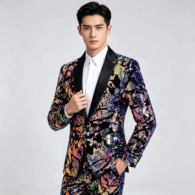 Men Slim Blazer Shiny Gold Sequins Tuxedo Wedding Groom Singer Prom Glitter Suit Jacket Formal Evening Party Host Stage Costume