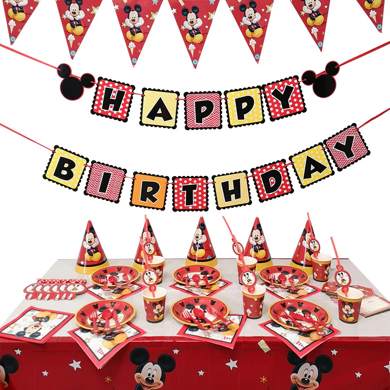 Disney Mickey Mouse Birthday Party Decoration Cartoon Mickey and Minnie Red Tableware Supplies Balloons Baby Shower for Kids New